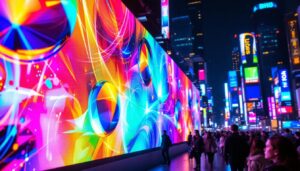 A photograph of a vibrant led display in a bustling urban environment
