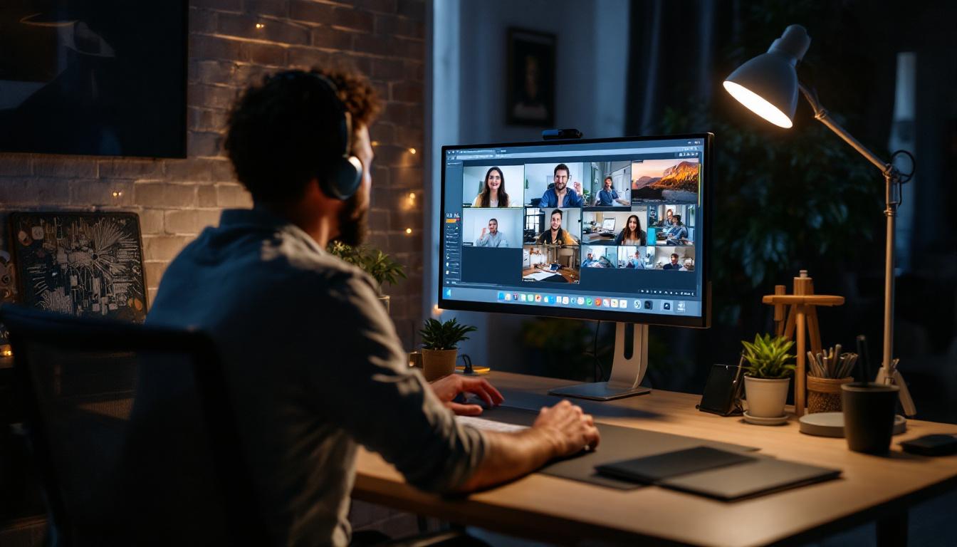 A photograph of a well-lit home office setup featuring a modern led display