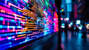 A photograph of a close-up shot of a vibrant led display in an urban setting