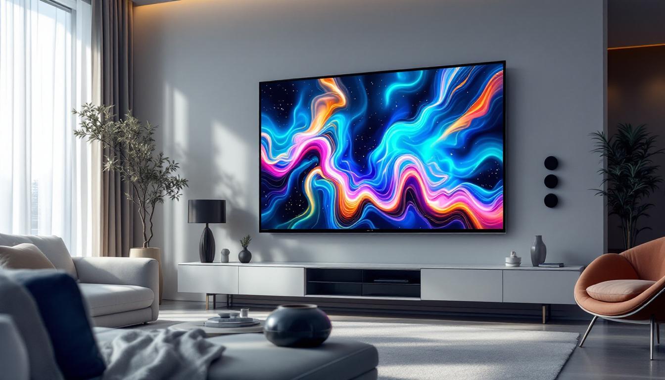 A photograph of a sleek 55-inch touch screen tv displaying vibrant led visuals in a modern living room setting