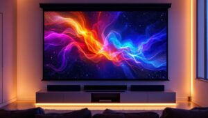 A photograph of a sleek motorized projector screen in a modern home theater setup