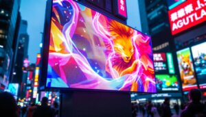 A photograph of a vibrant led display board in a bustling urban setting
