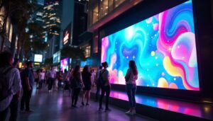 A photograph of a vibrant led video wall installation in an urban setting in singapore