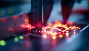 A photograph of a close-up of a ruler or caliper measuring a 20 mm led display