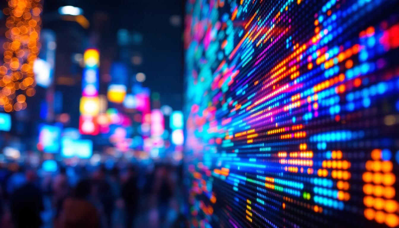 A photograph of a vibrant led display showcasing colorful pixelated graphics