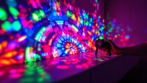 A photograph of a vibrant led projection light display in a dimly lit environment