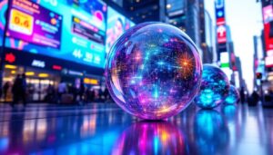 A photograph of a vibrant led display showcasing dynamic graphics and colors