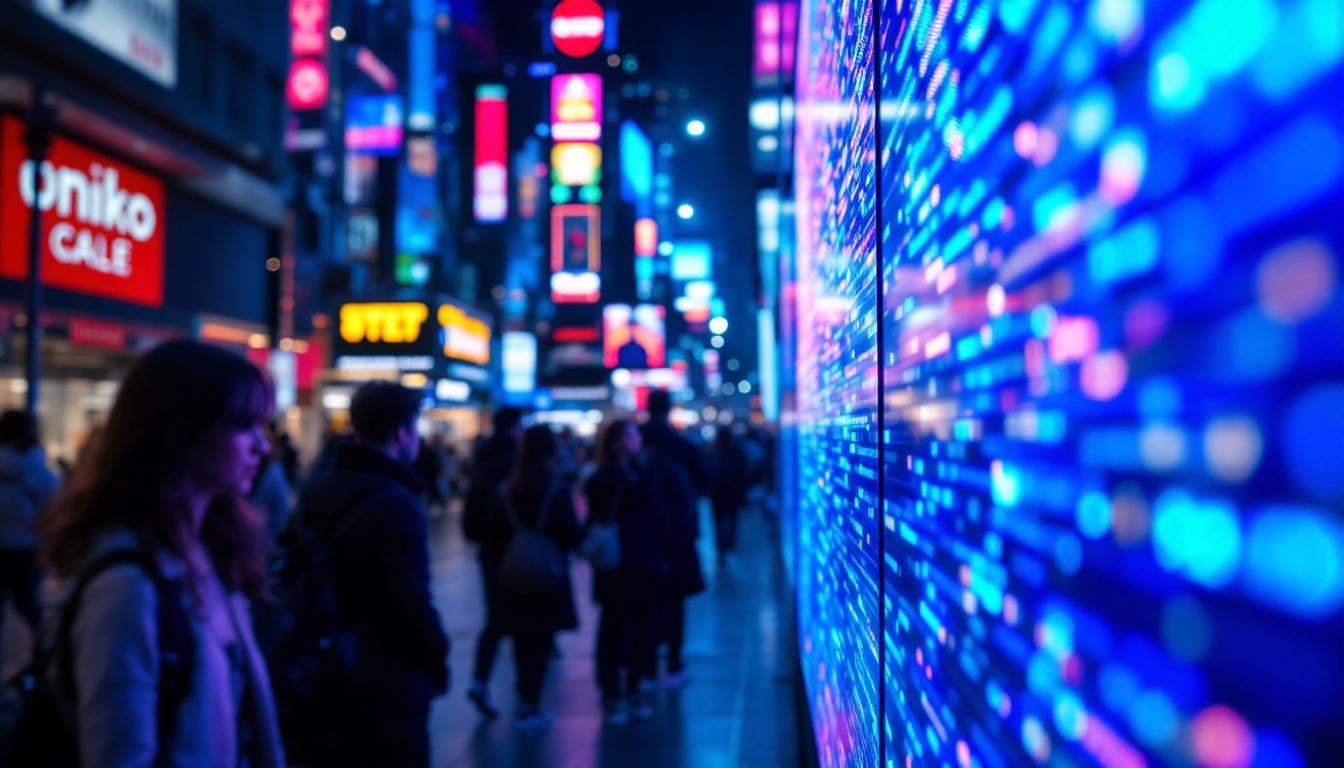 A photograph of a vibrant led display in a bustling urban environment
