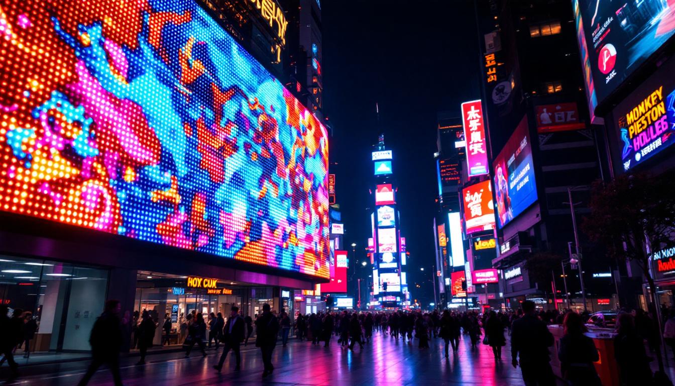 A photograph of a vibrant led display in a bustling urban setting