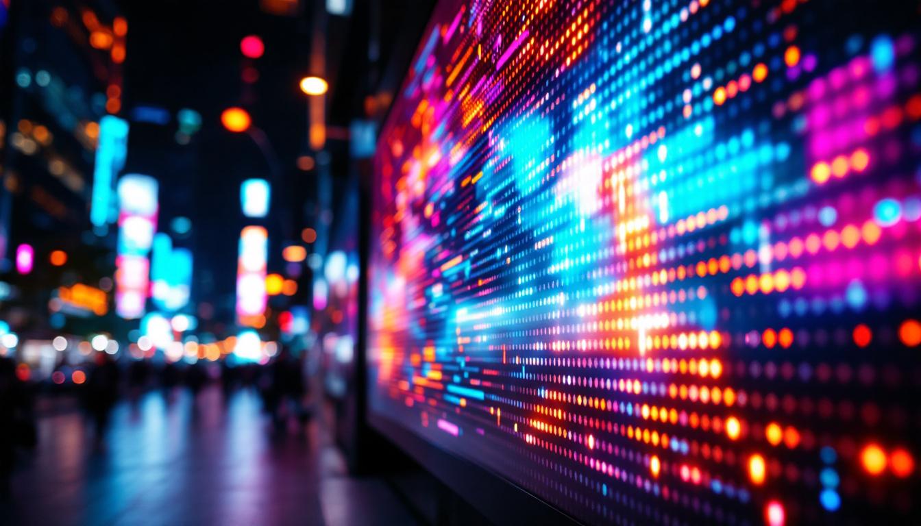 A photograph of a vibrant led display showcasing dynamic visuals or colorful content in an urban setting