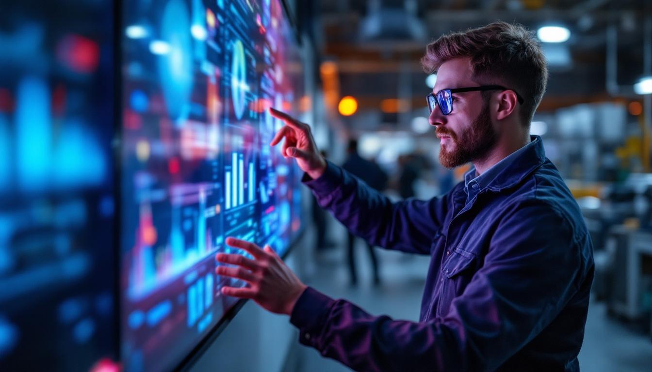 A photograph of a dynamic manufacturing sales representative engaging with a vibrant led display
