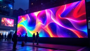 A photograph of a vibrant led display showcasing various standard banner sizes in feet