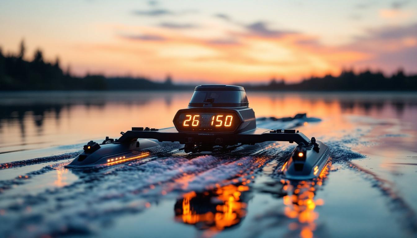 A photograph of a close-up of a fishing boat equipped with planer boards and an illuminated led display