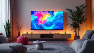 A photograph of a vibrant led tv displaying a colorful image in a well-lit living room setting