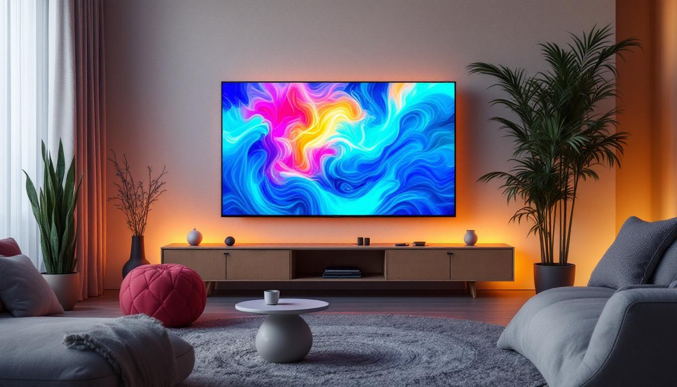 A photograph of a vibrant led tv displaying a colorful image in a well-lit living room setting