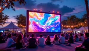 A photograph of a vibrant outdoor setting featuring a large led tv screen displaying vivid content