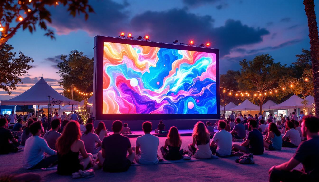 A photograph of a vibrant outdoor setting featuring a large led tv screen displaying vivid content