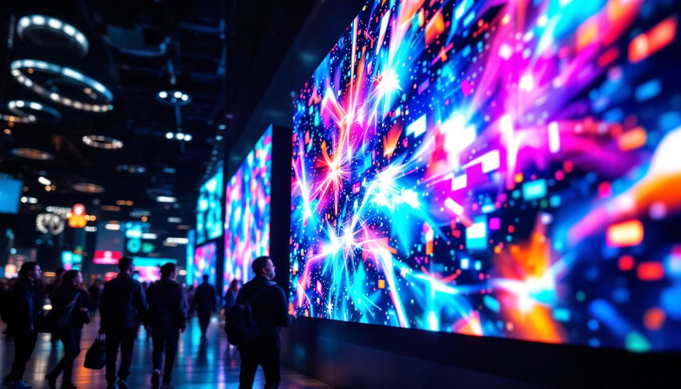 A photograph of a vibrant led display showcasing a dynamic visual scene