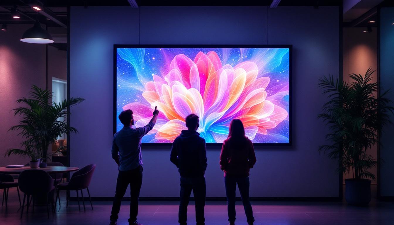 A photograph of a vibrant digital signage touch screen displaying dynamic content in a modern setting