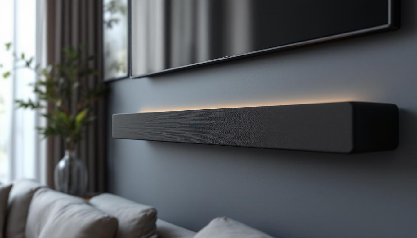 A photograph of a sleek sound bar mounted on a wall