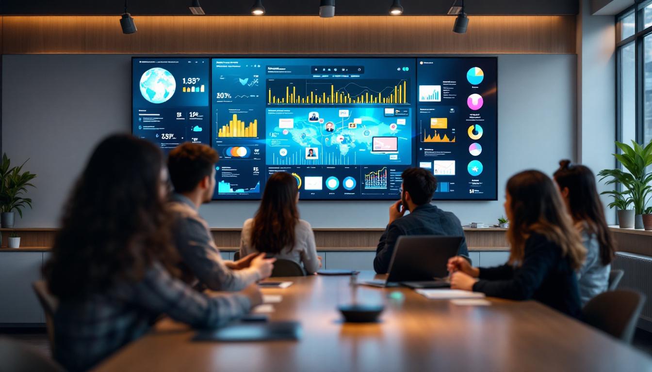 A photograph of a modern classroom featuring an interactive led display board in use