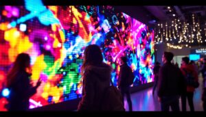 A photograph of a vibrant led display in a dynamic setting