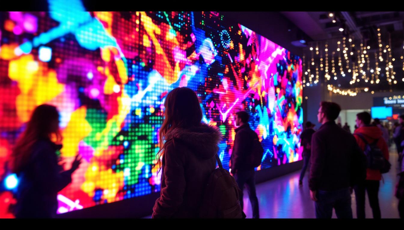 A photograph of a vibrant led display in a dynamic setting