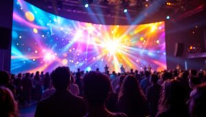 A photograph of a vibrant led video curtain in action during a live event