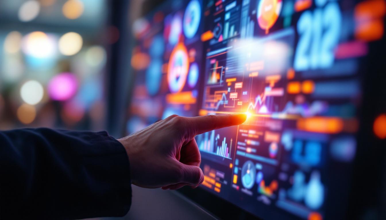 A photograph of a close-up shot of a vibrant touch screen display in use