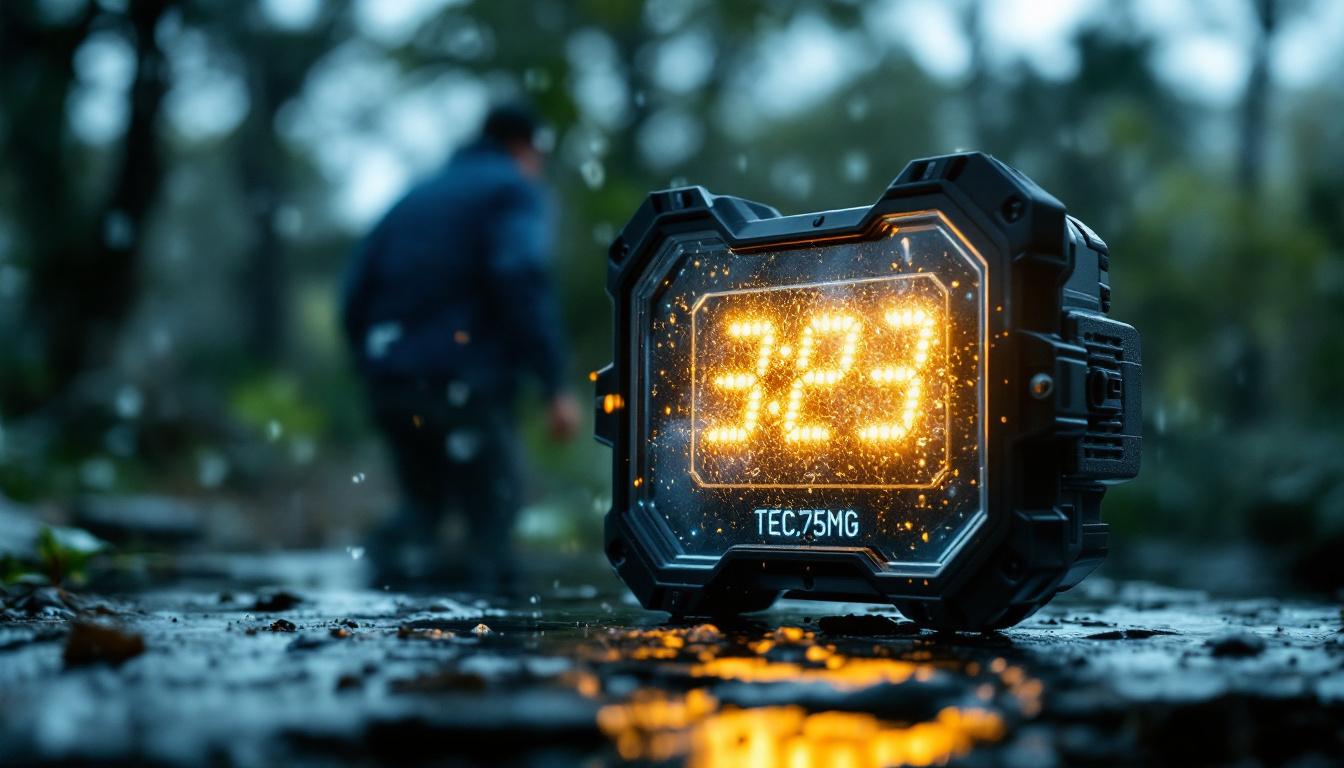 A photograph of a weatherproof box for electronics featuring a clear led display