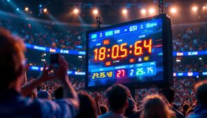 A photograph of a vibrant led sports score display in action during a live game