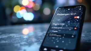 A photograph of a close-up of a pixel 6 smartphone with its screen displaying a frozen or unresponsive interface