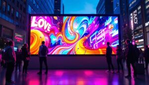 A photograph of a vibrant digital signage lcd display in an urban setting