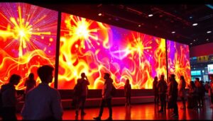 A photograph of a vibrant led display in a dynamic environment