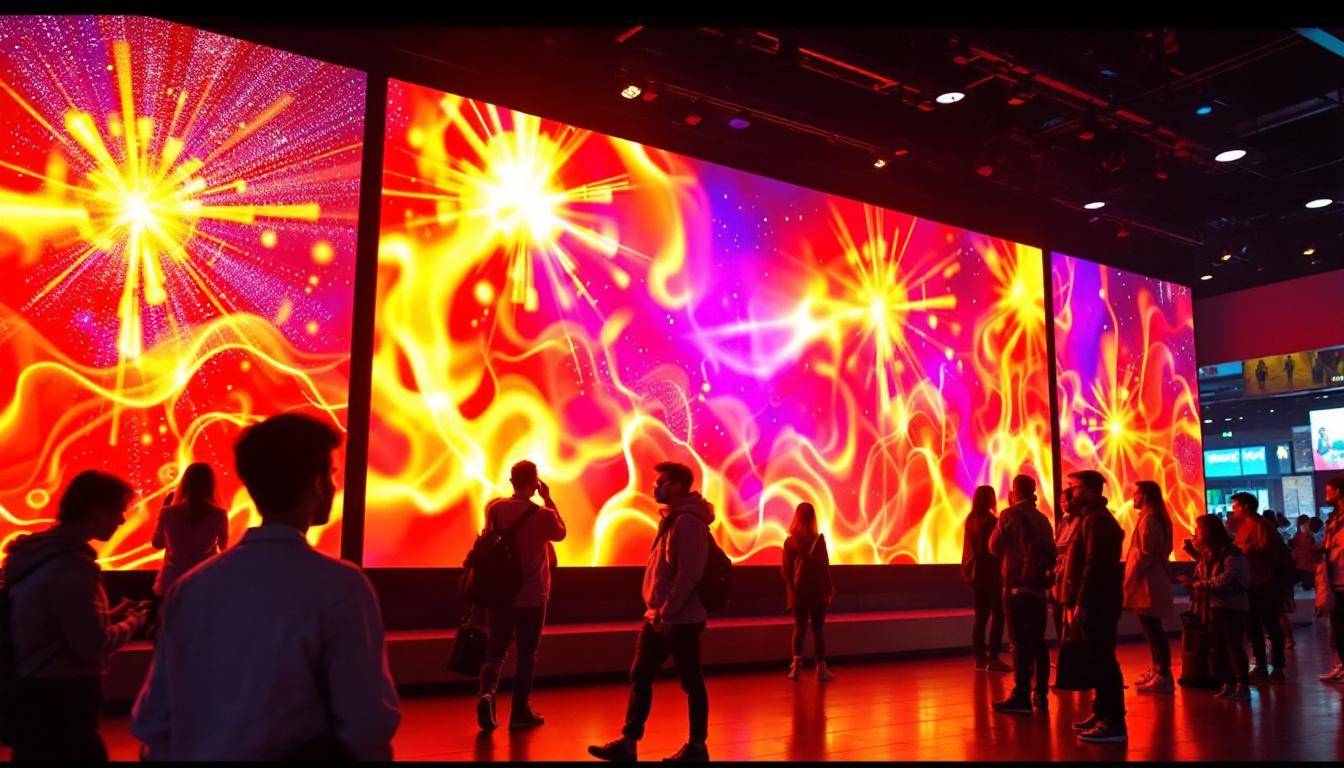 A photograph of a vibrant led display in a dynamic environment