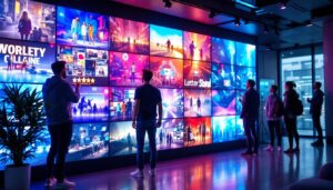 A photograph of a vibrant and dynamic video wall display in a modern setting