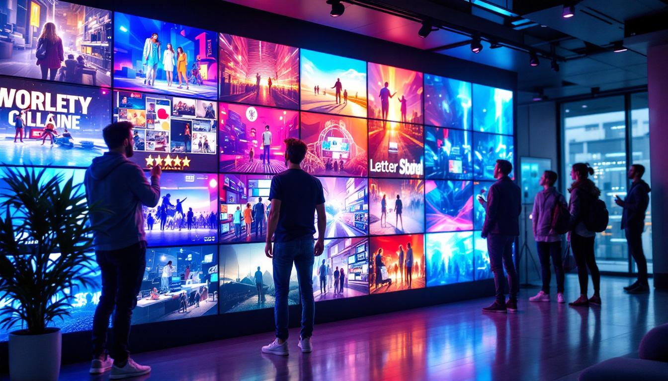 A photograph of a vibrant and dynamic video wall display in a modern setting