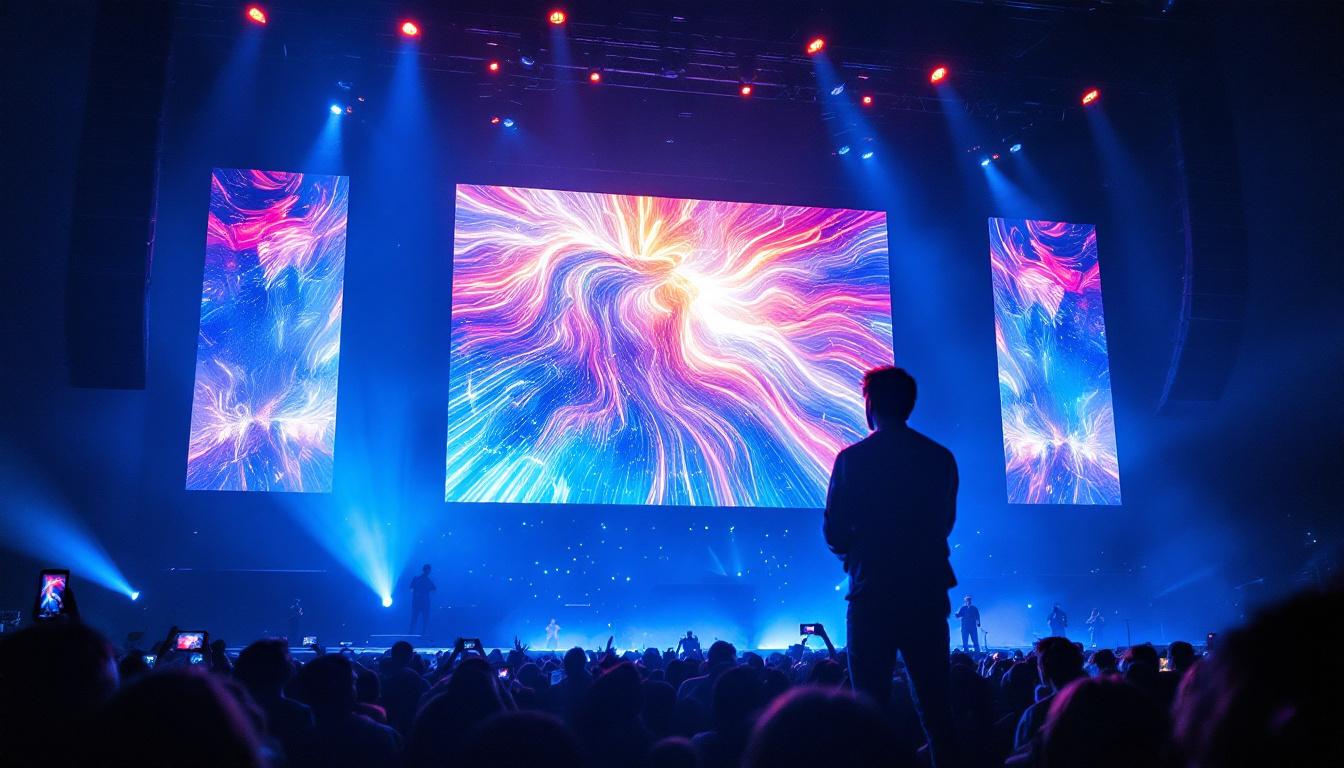 A photograph of a vibrant stage scene featuring a large led screen displaying dynamic visuals