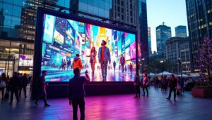 A photograph of a vibrant outdoor scene featuring a large led display screen showcasing dynamic advertisements