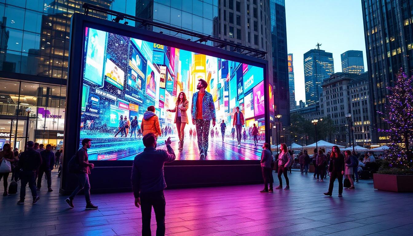 A photograph of a vibrant outdoor scene featuring a large led display screen showcasing dynamic advertisements