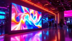 A photograph of a vibrant led screen panel displaying dynamic visuals in a modern setting