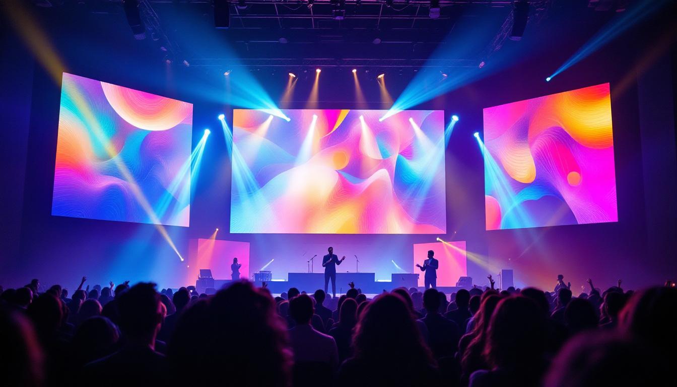A photograph of a vibrant led display in a church setting