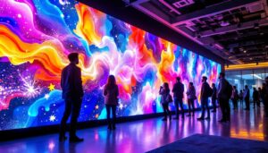 A photograph of a vibrant and dynamic led video wall in a modern setting