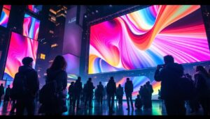 A photograph of a vibrant led display in a dynamic urban setting