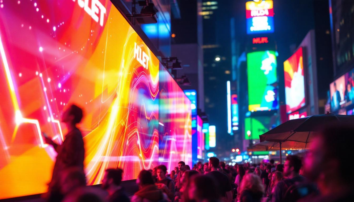 A photograph of a vibrant led display in a bustling urban setting