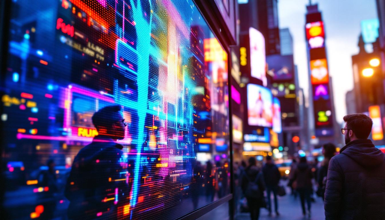 A photograph of a vibrant led display in a bustling urban environment