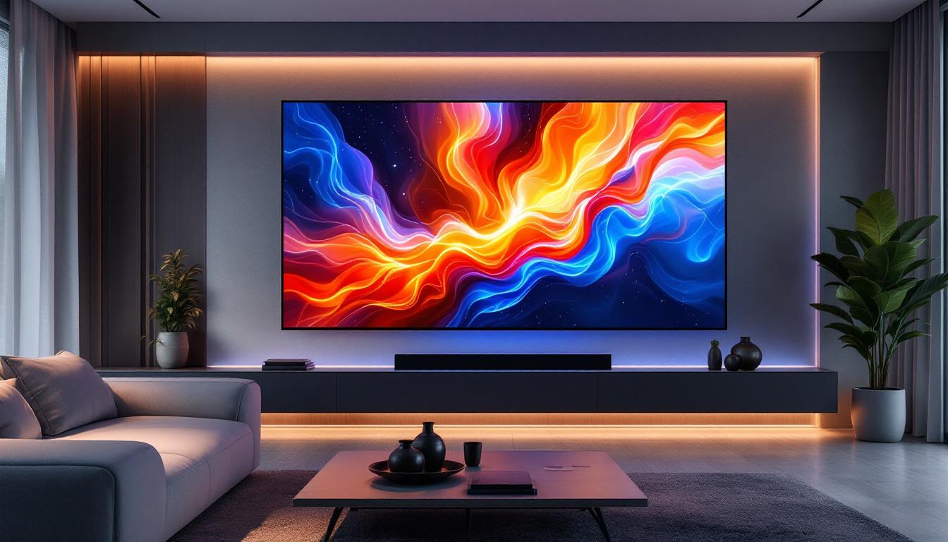 A photograph of a modern living room featuring a sleek tv wall with a vibrant led display showcasing dynamic visuals