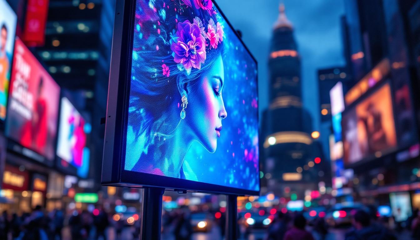 A photograph of a vibrant led display in a bustling urban setting