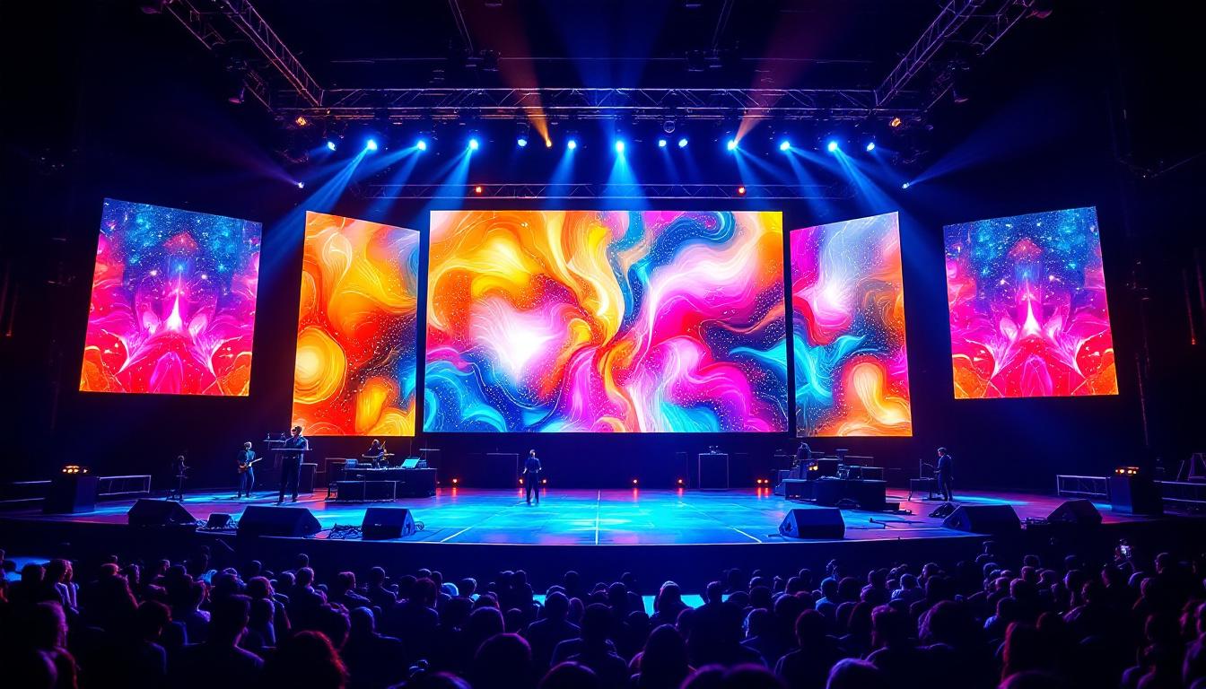 A photograph of a vibrant stage setup featuring a large led display in action