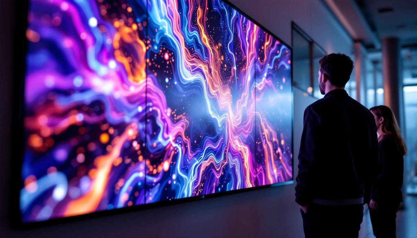 A photograph of capture a photograph of a vibrant indoor led panel screen displaying dynamic visuals in a modern setting